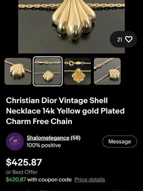 Christian Dior Vintage Shell Necklace 14k Yellow gold Plated Charm Free Chain.